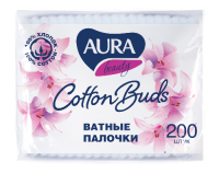 "AURA" Ватные палочки п/э пакет 200шт. New КК /48, 6440 Белый - фото