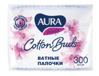 "AURA" Ватные палочки п/э пакет 300шт. New КК /36, 6438 Белый - фото